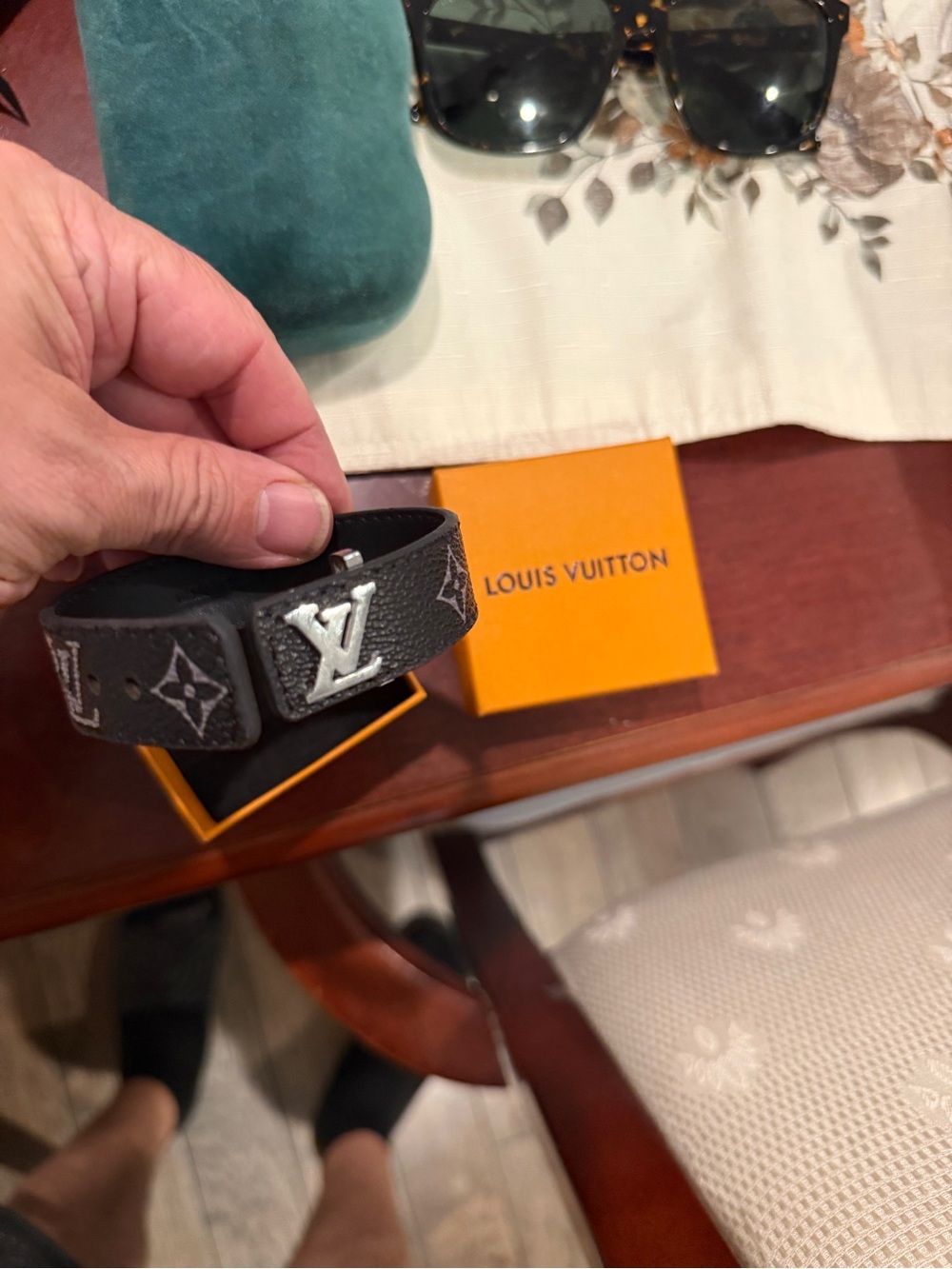 Louis Vuitton Black Monogram Bracelet with Silver LV Hardware